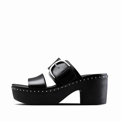 Fitflop Women's PILAR Leather Slide Platforms Mules & Clogs - Black, NJ0142786